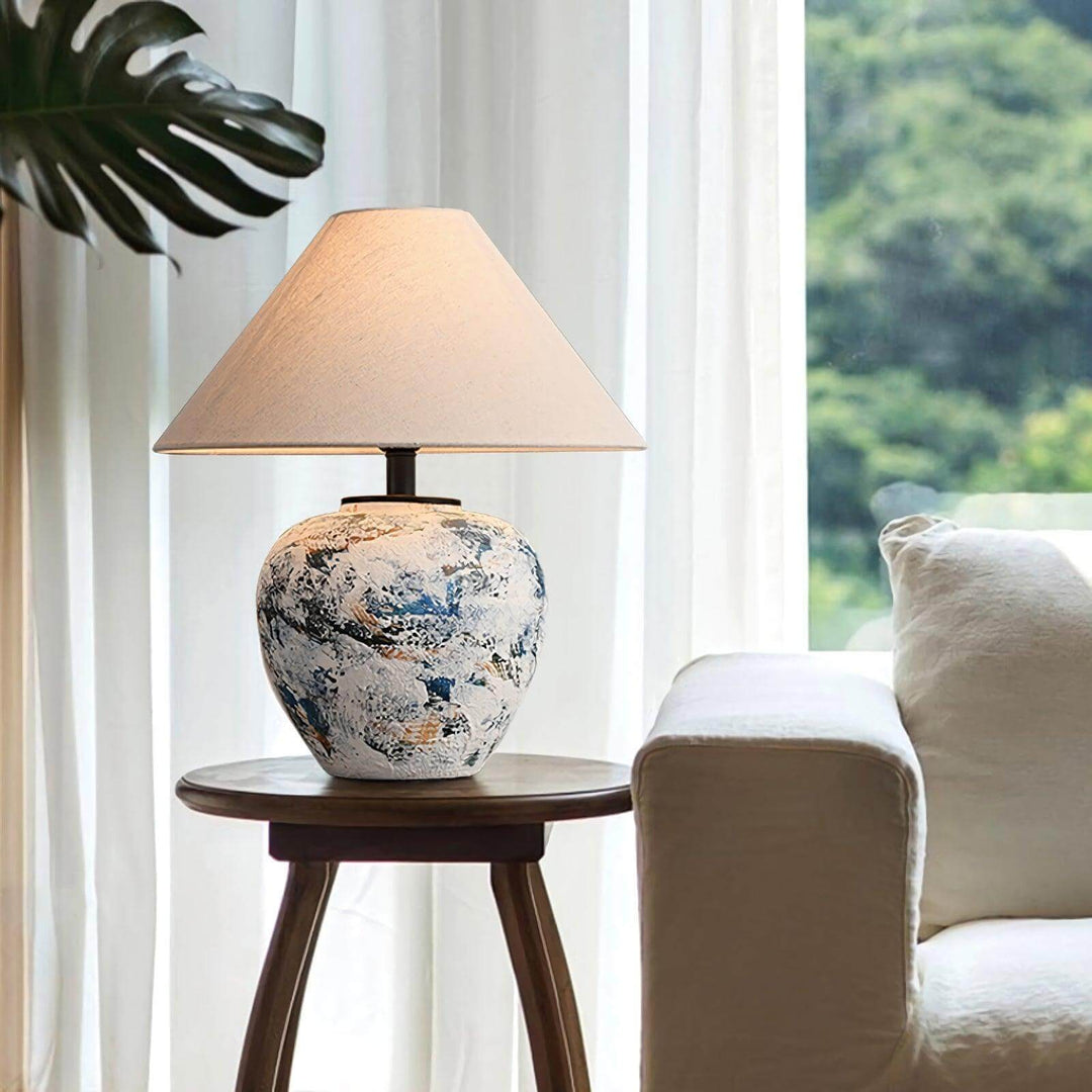 Neoclassical ceramic table lamp with blue and white design, perfect for sofa table or farmhouse decor in living room.