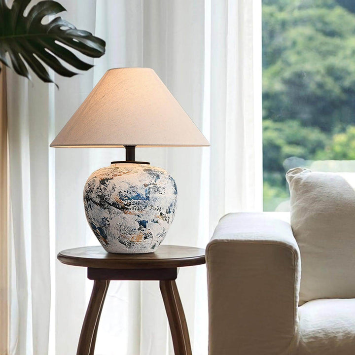Neoclassical ceramic table lamp with blue and white design, perfect for sofa table or farmhouse decor in living room.