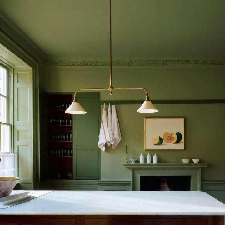 Vintage Double Chandelier with Brass & White Ceramic Shades for Dining | Vinlighting | Vinlighting