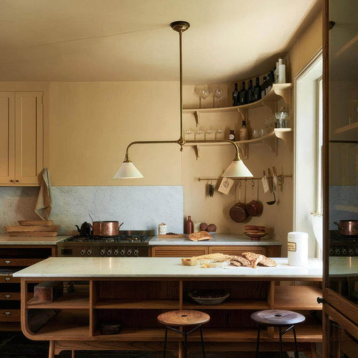 Vintage Double Chandelier with Brass & White Ceramic Shades for Dining | Vinlighting | Vinlighting