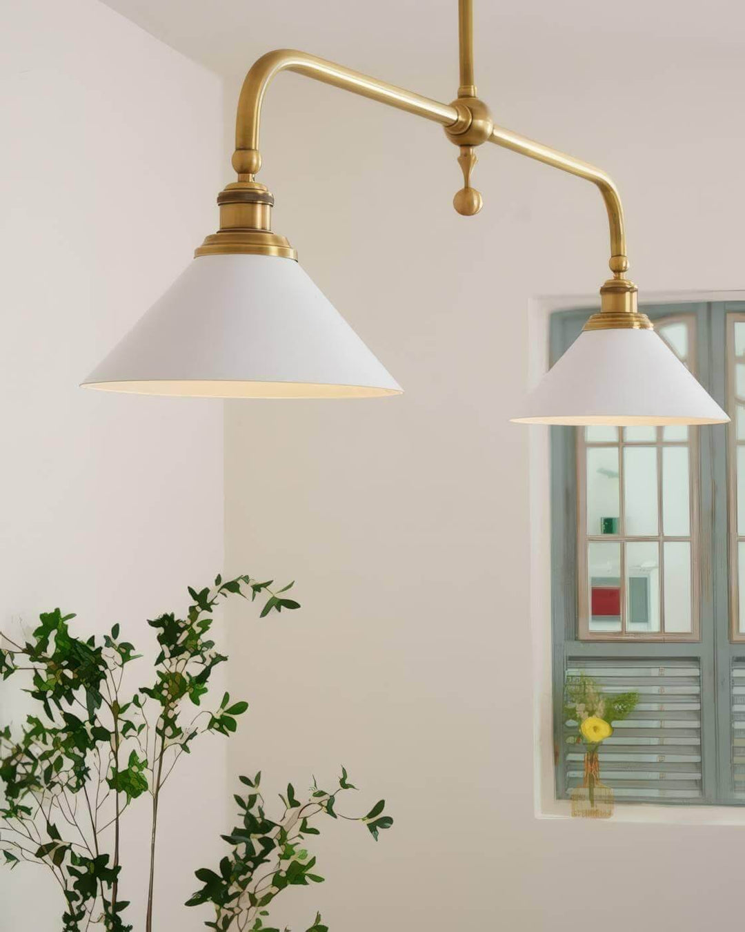 Vintage Double Chandelier with Brass & White Ceramic Shades for Dining | Vinlighting | Vinlighting