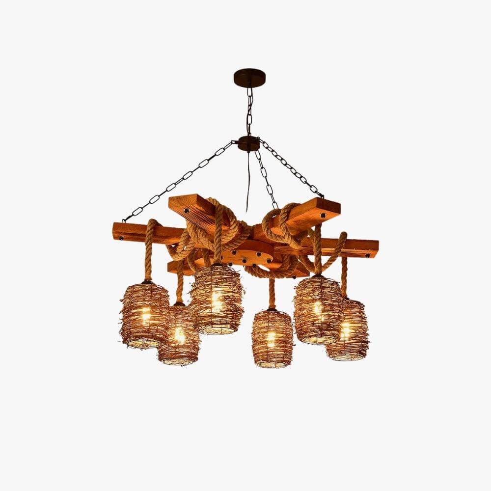 Vintage Farmhouse Chandelier | Rustic Rattan & Wood Pendant Light | Vinlighting | Vinlighting