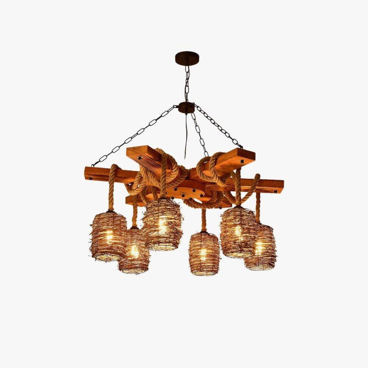 Vintage Farmhouse Chandelier | Rustic Rattan & Wood Pendant Light | Vinlighting | Vinlighting