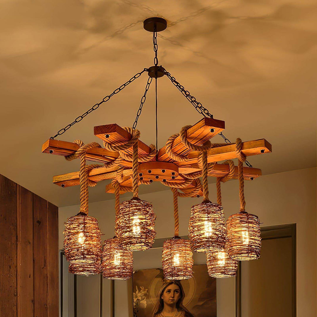 Vintage Farmhouse Chandelier | Rustic Rattan & Wood Pendant Light | Vinlighting | Vinlighting