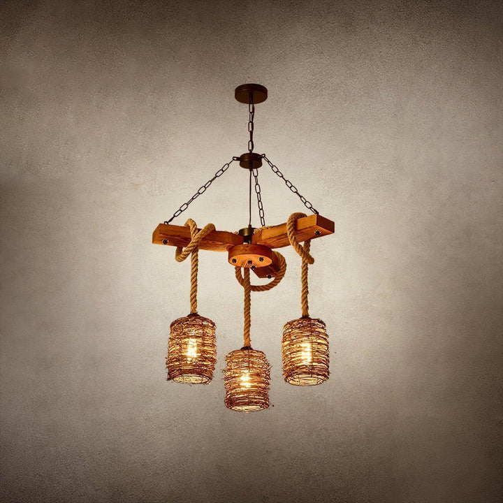 Vintage Farmhouse Chandelier | Rustic Rattan & Wood Pendant Light | Vinlighting | Vinlighting