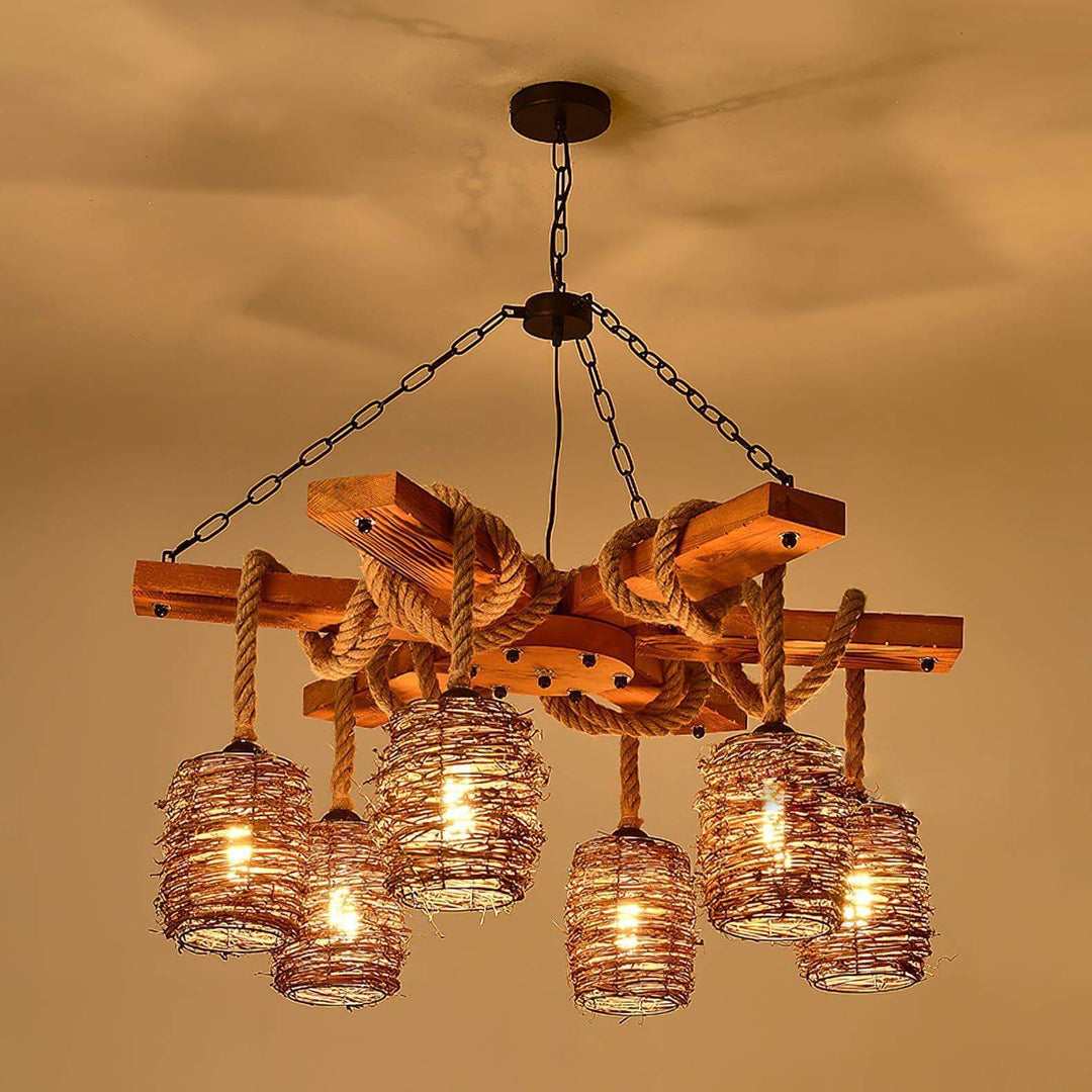 Vintage Farmhouse Chandelier | Rustic Rattan & Wood Pendant Light | Vinlighting | Vinlighting