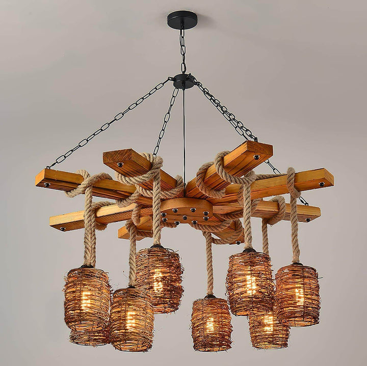 Vintage Farmhouse Chandelier | Rustic Rattan & Wood Pendant Light | Vinlighting | Vinlighting