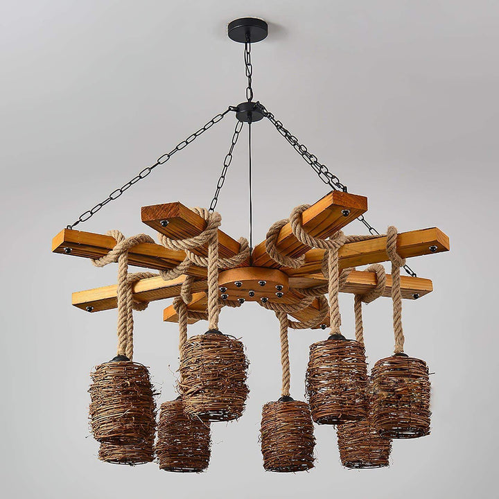 Vintage Farmhouse Chandelier | Rustic Rattan & Wood Pendant Light | Vinlighting | Vinlighting