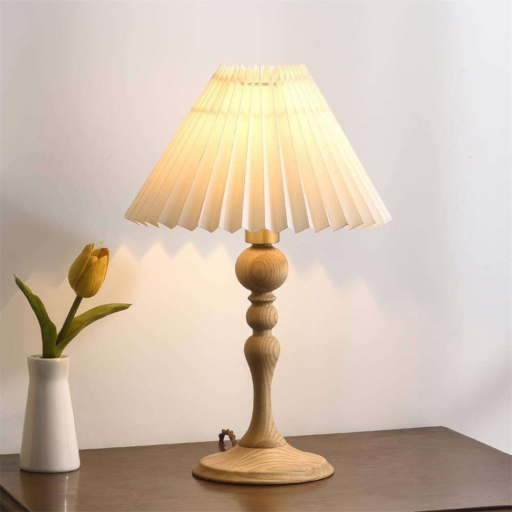 Zulu Pleated Table Lamp in wood, vintage style, perfect for console or side tables, adds warmth to any room.