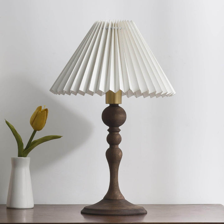 Zulu Pleated Table Lamp with wood base, 24cm diameter and 39cm height, stylish vintage design for side or console tables.