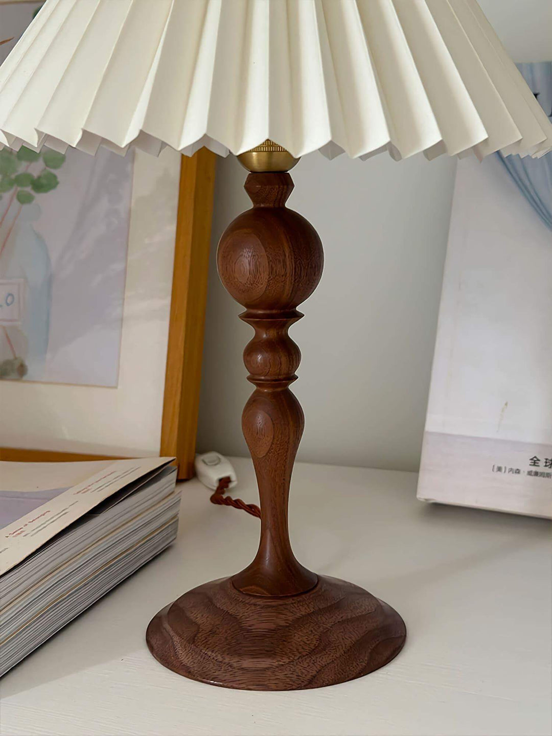 Zulu Pleated Table Lamp featuring wooden base and pleated shade, perfect as a vintage side table lamp for home decor.