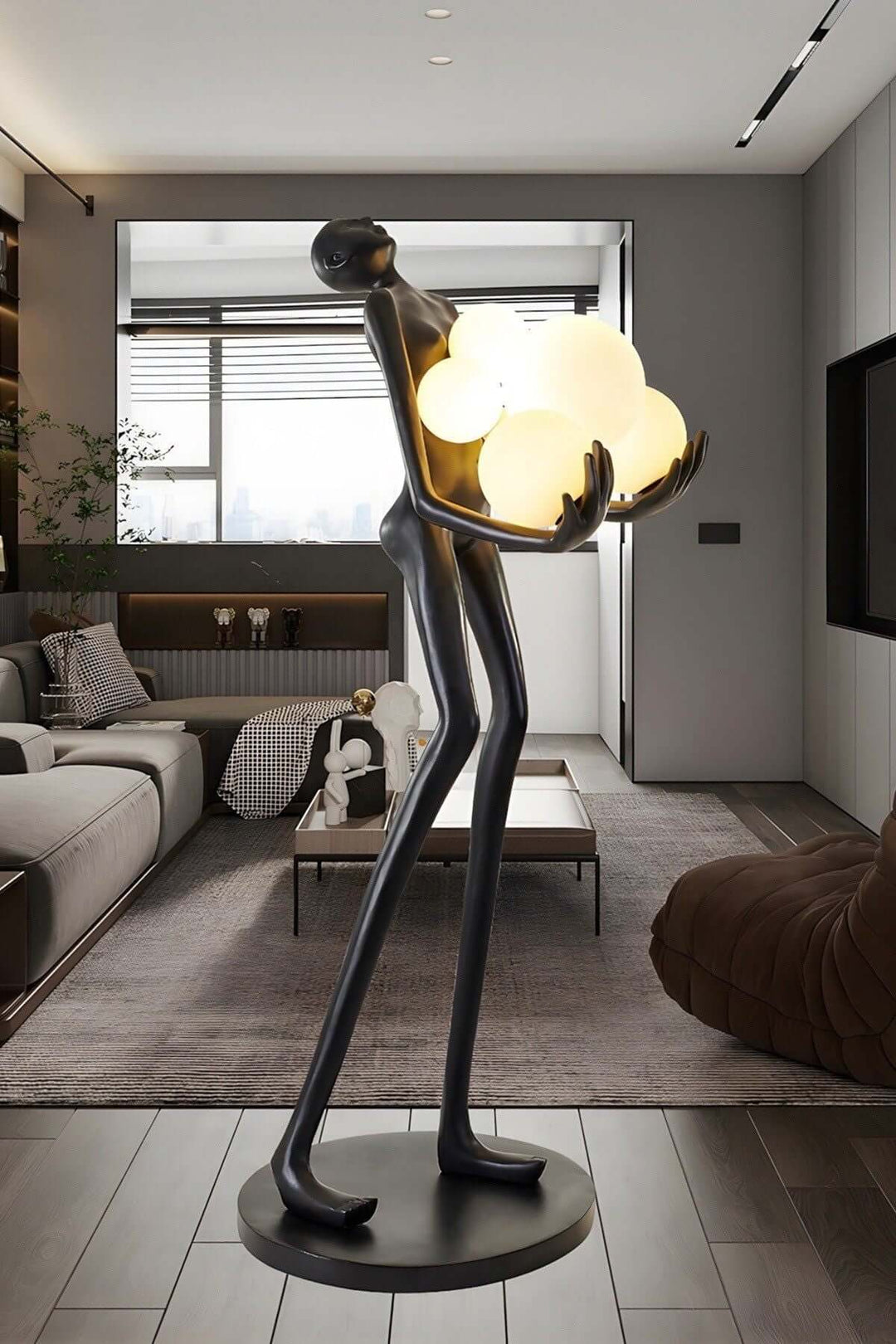 Vornix sculptural art deco floor lamp in modern living room with elegant design and soft glowing lights.