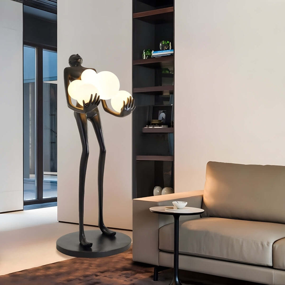 Sculptural Vornix floor lamp with glowing orbs, perfect for contemporary living room lighting.