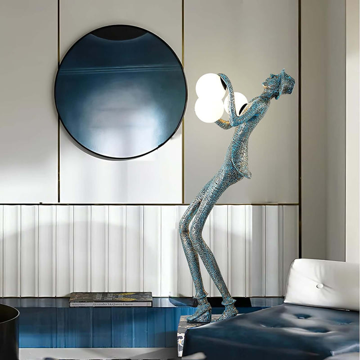 Wexilon sculptural floor lamp in a modern living room, showcasing art deco style illuminated by round light bulbs.