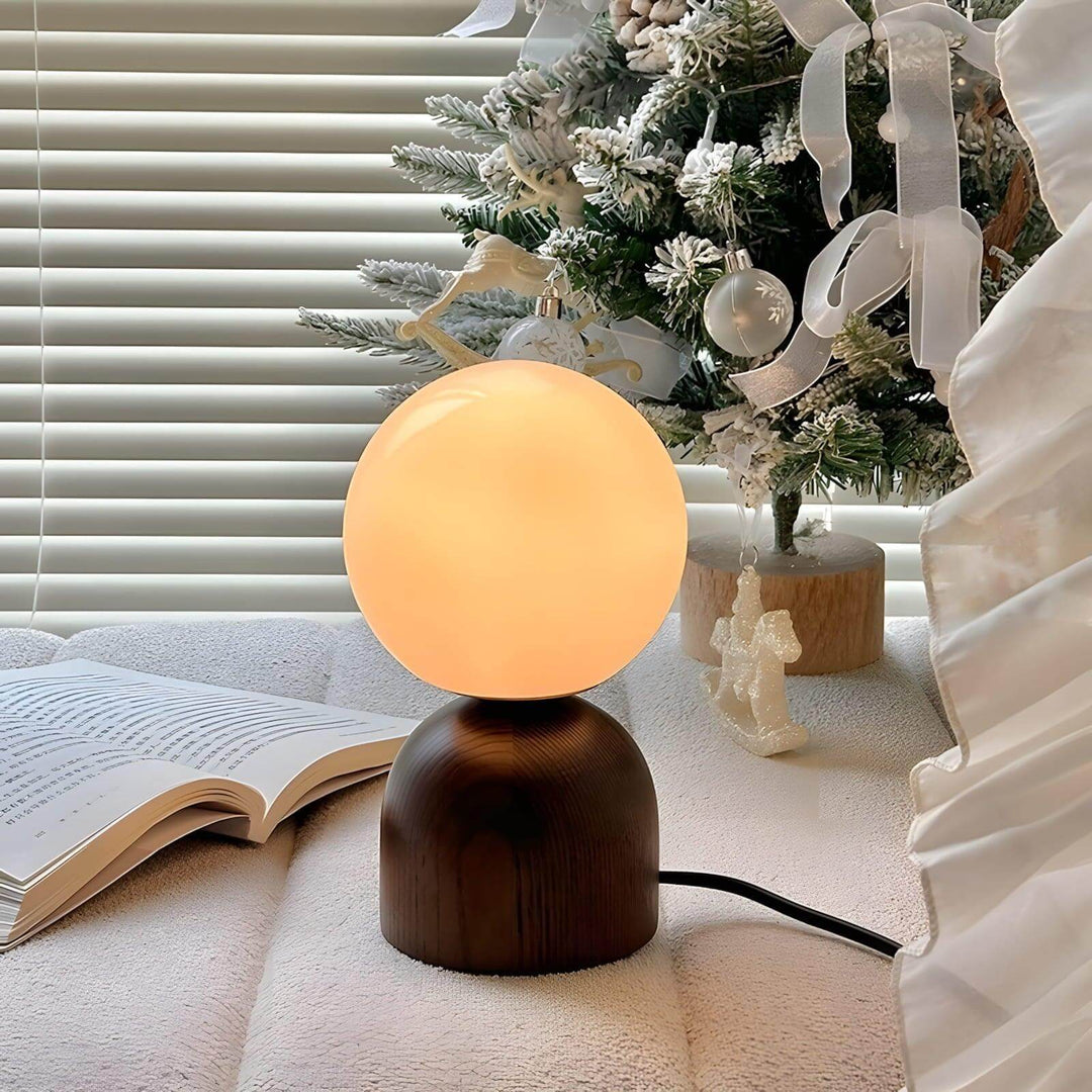 Wood Knuckle Table Lamp with vintage milk glass design, minimal style, perfect as a small table light for cozy interiors.
