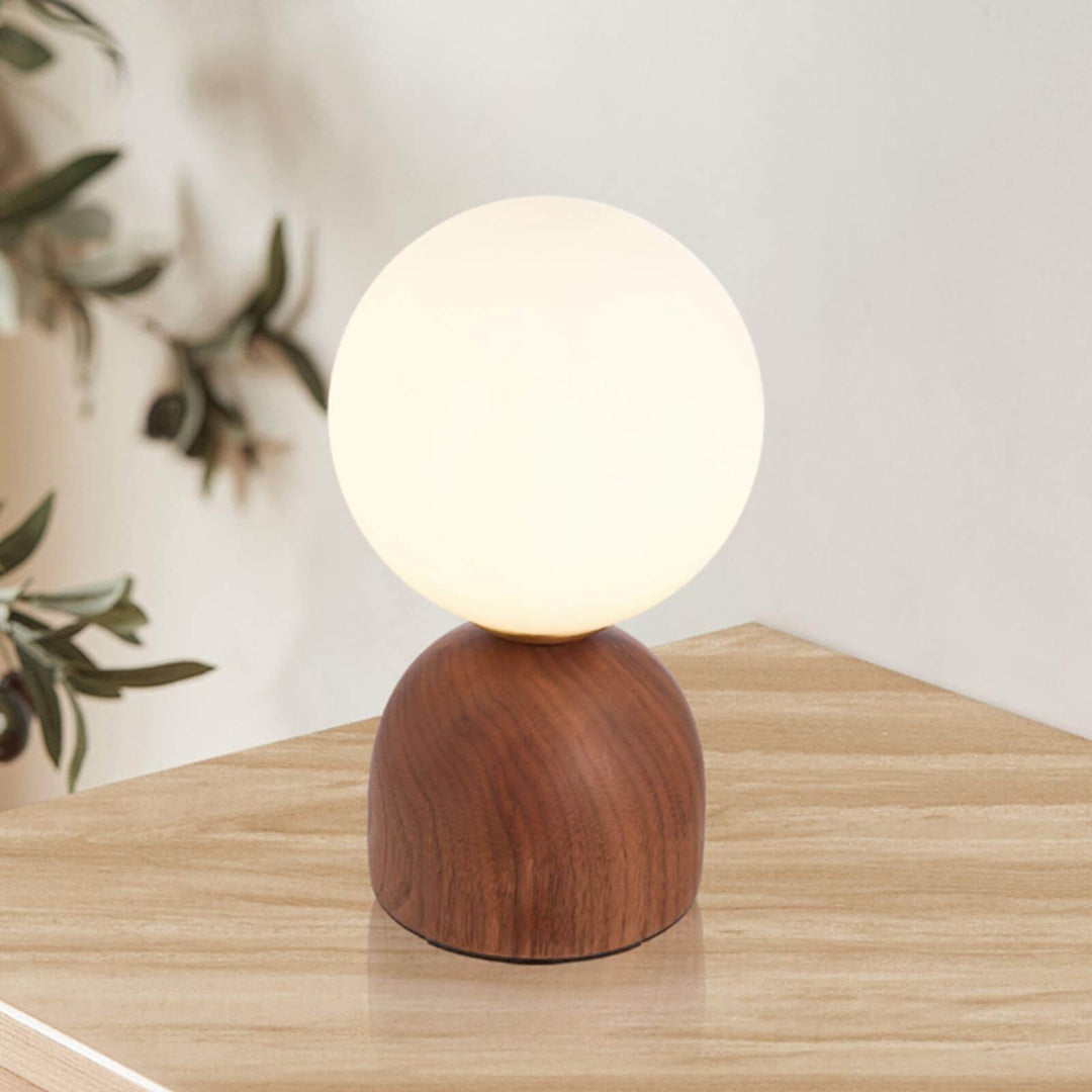 Wood Knuckle Table Lamp with vintage milk glass globe on a wooden base, perfect as a minimal small table light.