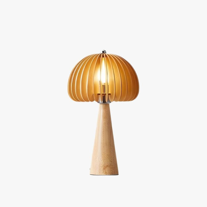 Wooden pumpkin table lamp with a rounded golden shade, adding warmth and style to any space.