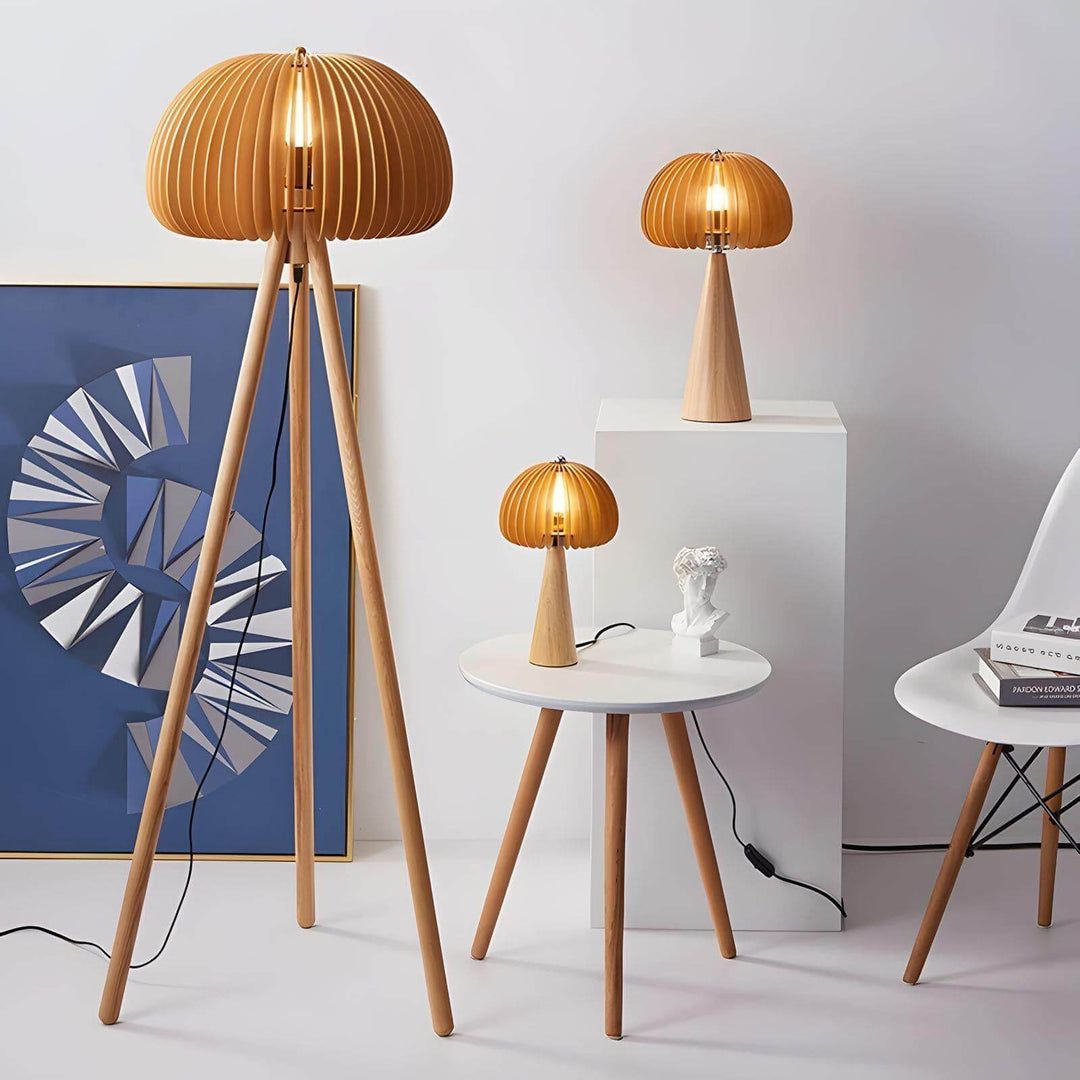 Stylish wooden table lamps and floor lamp showcasing modern design in a chic interior setting.