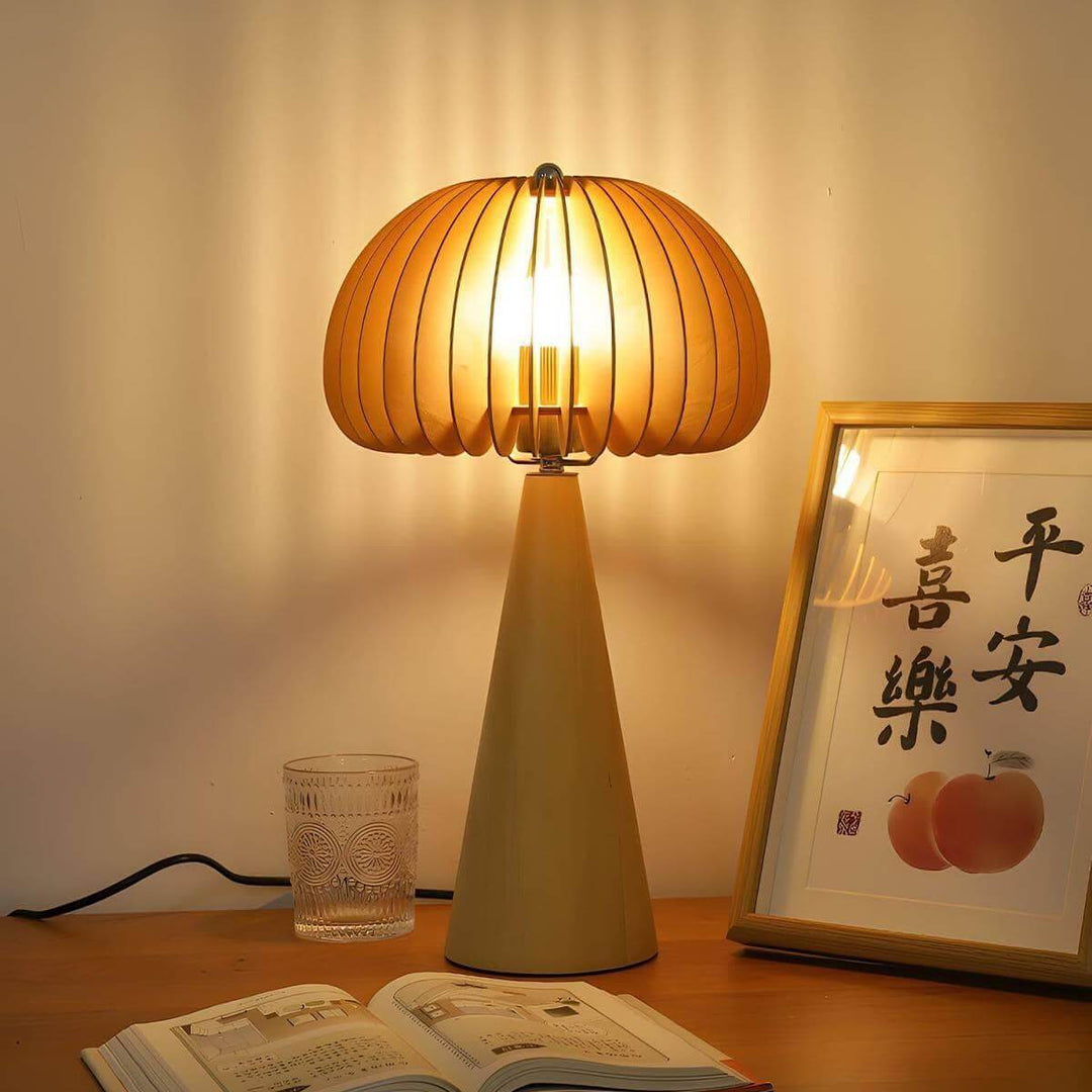 Wooden pumpkin table lamp, round design, perfect for cozy lighting in modern decor, size specifications included.