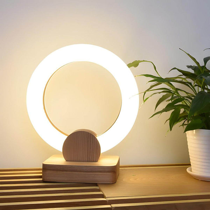 Calm Halo Table Lamp, modern wood table lamp design, round minimal bedside lighting, perfect for stylish interiors.