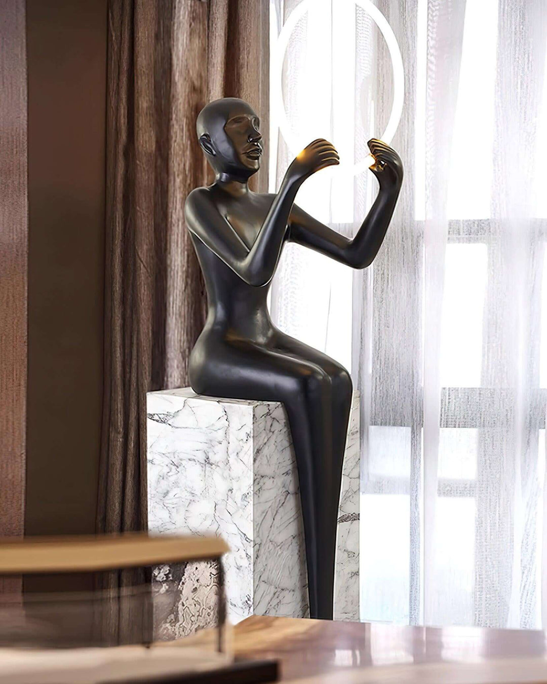 Zaytri Sculptural Floor Lamp featuring a modern resin sculpture, perfect for Art Deco living room decorations.