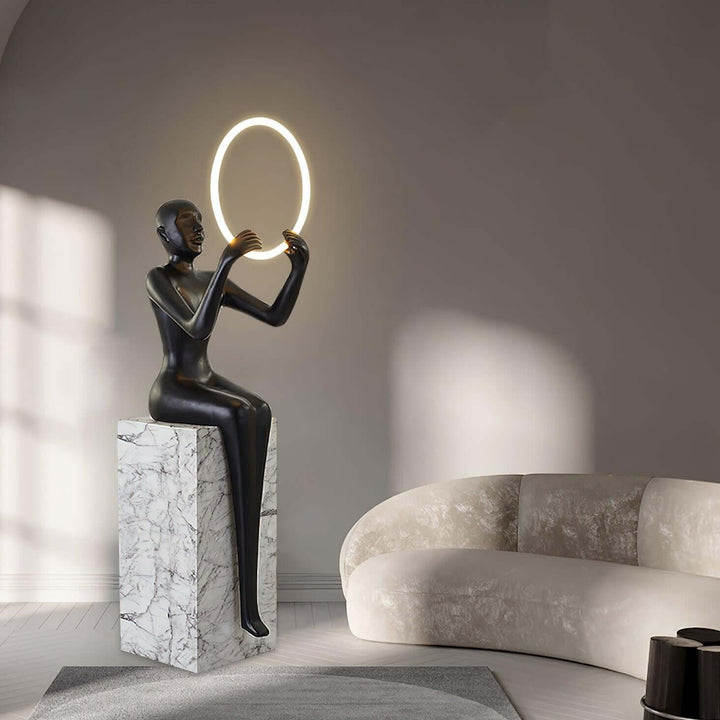 Zaytri Sculptural Floor Lamp in Art Deco style, featuring a resin sculpture as a decorative living room ornament.