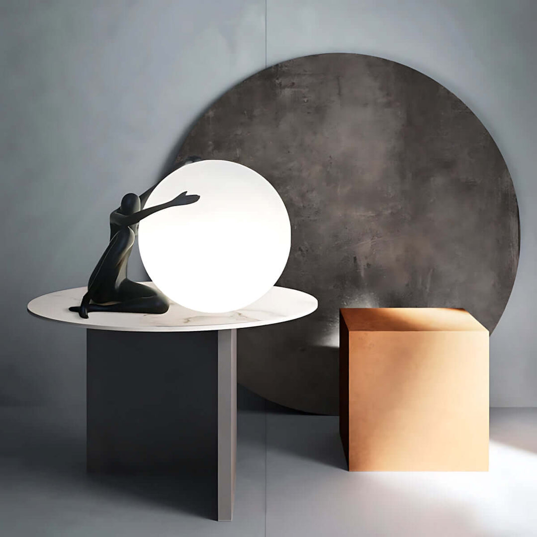 Zelvora sculptural table lamp with abstract design on a modern table, art deco style lighting for living room decor.