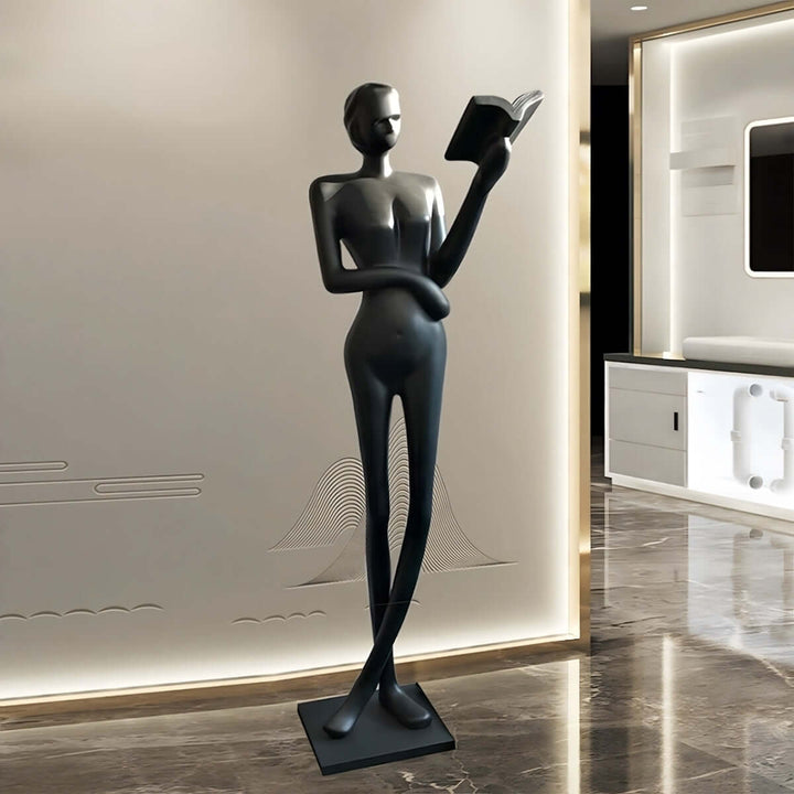 Zerima resin sculpture, Art Deco decorative ornament for stylish living room decor, 186cm tall figure holding a book.