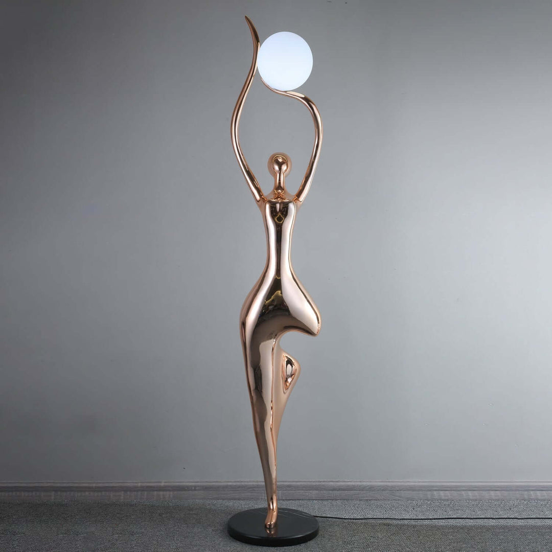 Sculptural floor lamp in art deco style, enhancing living room decor with elegant design.