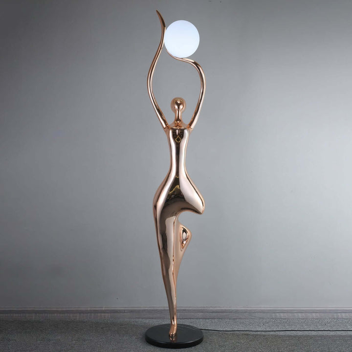 Sculptural floor lamp in art deco style, enhancing living room decor with elegant design.