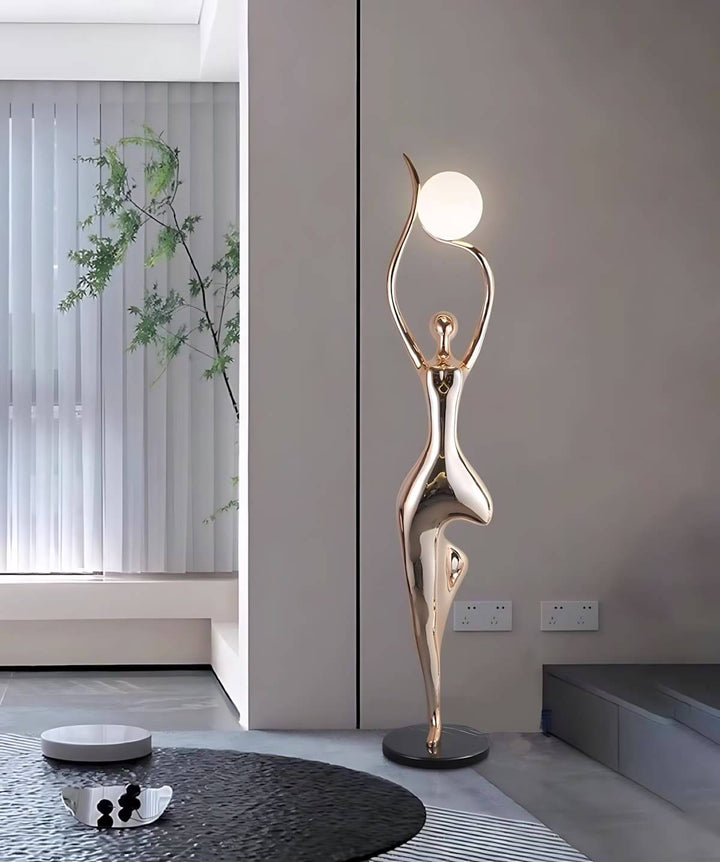 Sculptural art deco floor lamp standing elegantly in a modern living room, enhancing the ambiance with stylish floor lights.