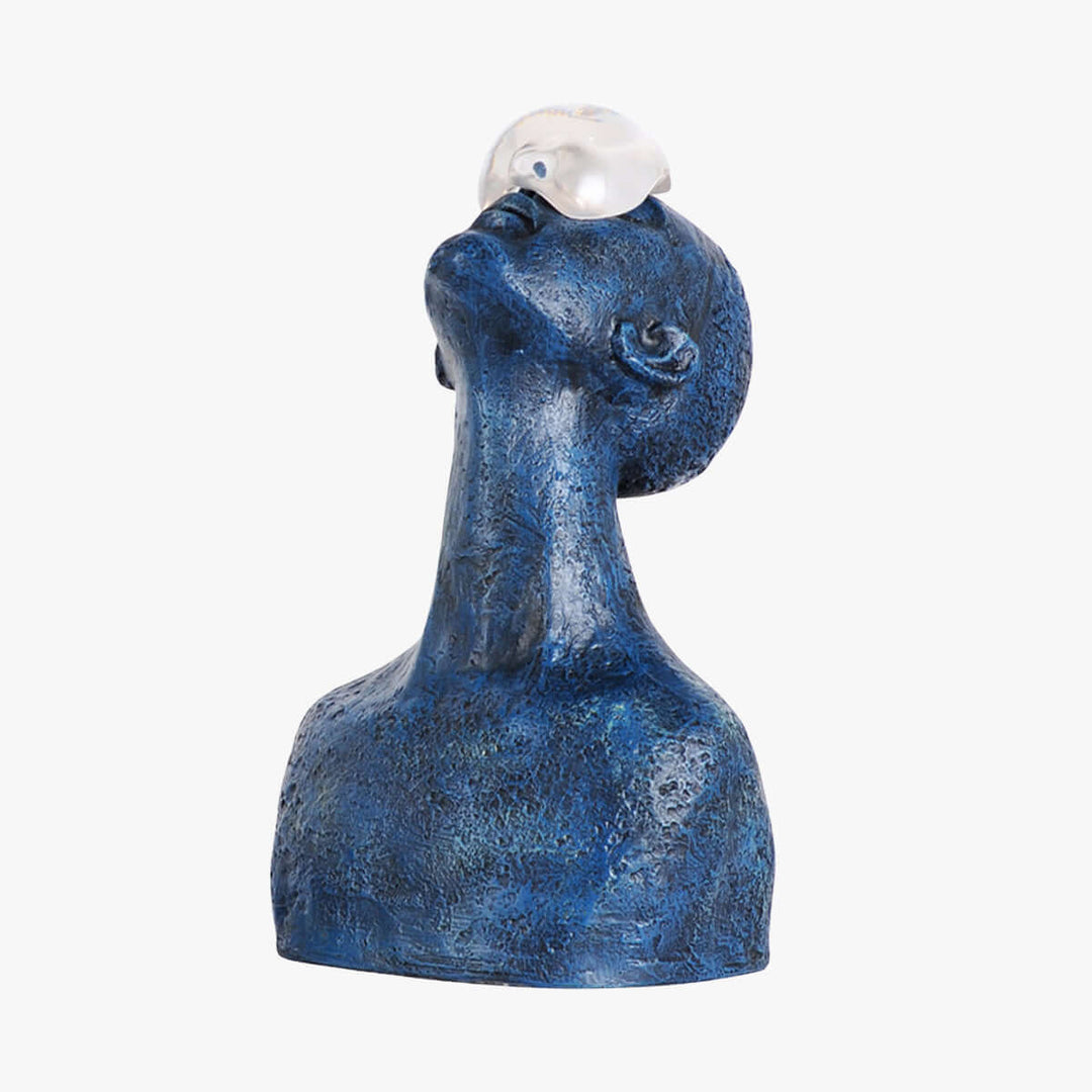 Zoreva resin sculpture featuring a blue bust with a decorative pearl, perfect for living room Art Deco decor.