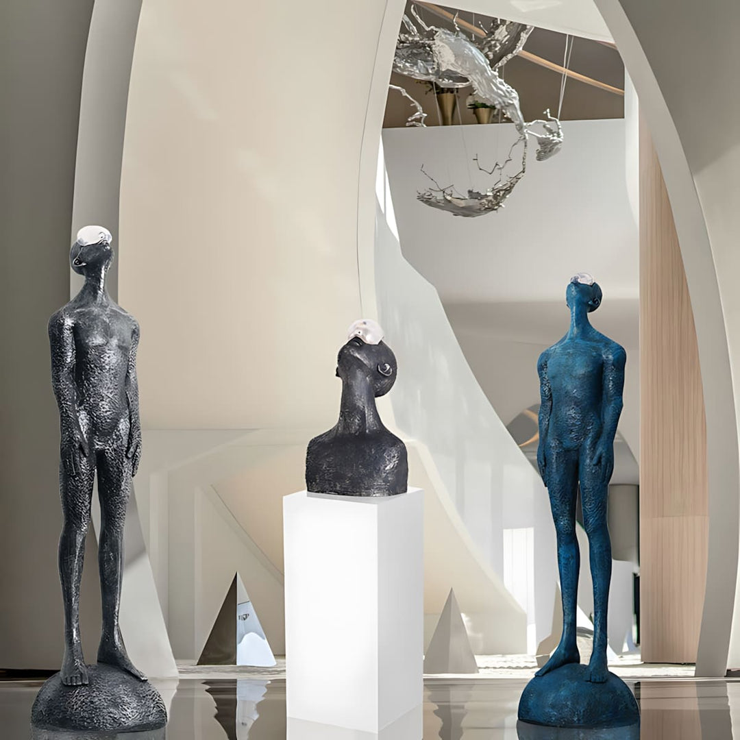 Zoreva resin sculpture trio displayed in a modern living room, perfect for Art Deco and decorative ornaments.
