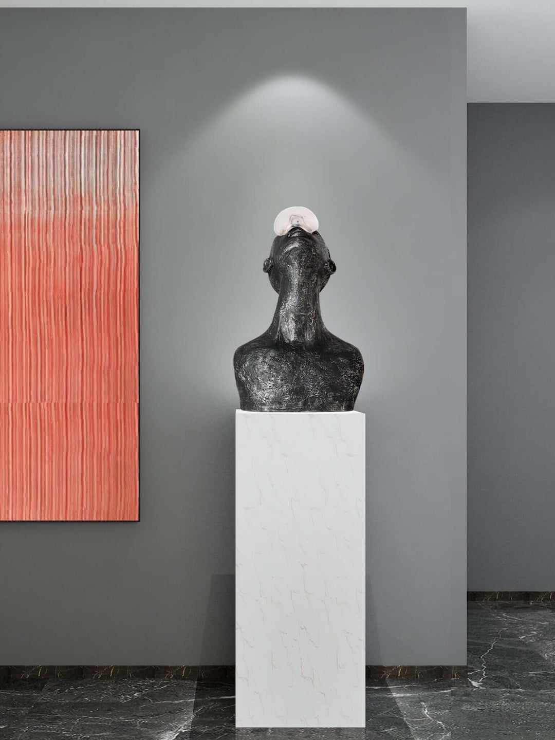 Zoreva resin sculpture displayed on a marble pedestal with modern art in the background, perfect for living room decor.