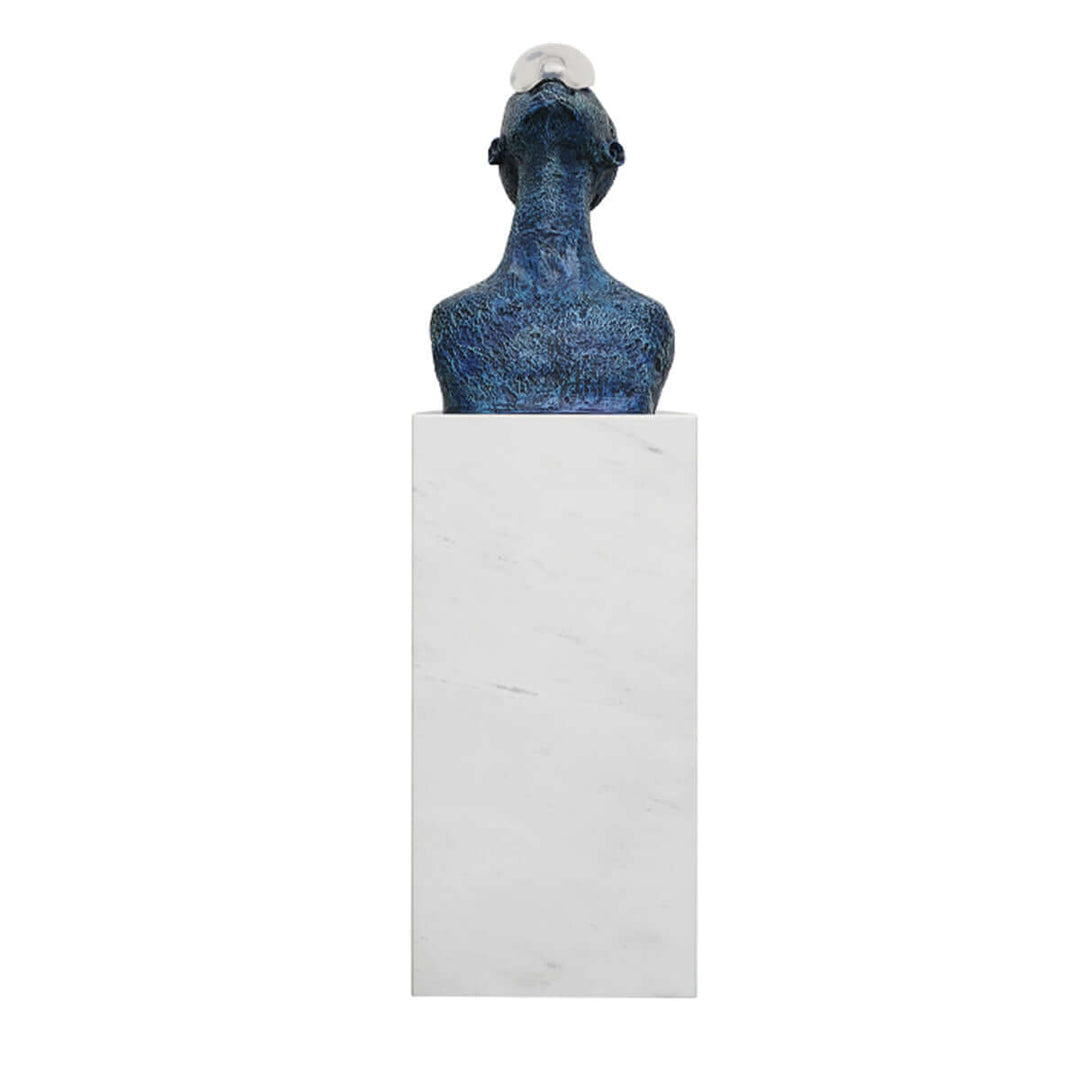 Zoreva resin sculpture featuring a blue bust on a marble pedestal, perfect for living room decorations.