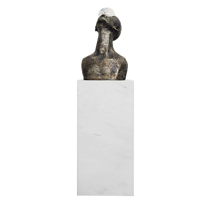 Zoreva resin sculpture on a white pedestal, perfect for modern living room decor and Art Deco style.