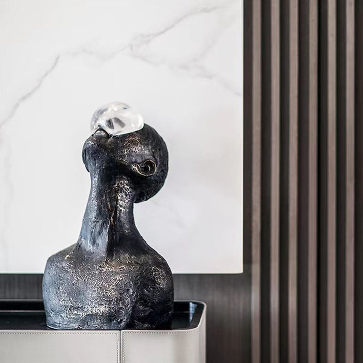 Zoreva resin sculpture in living room, Art Deco decorative ornament on a modern shelf with minimalist design