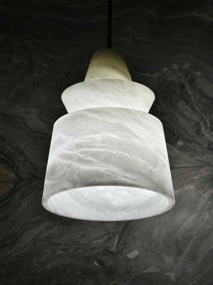 Flo S Alabaster Pendant Light, a mid century modern hanging lamp, ideal small hanging light fixture, Dia 18cm x H 22cm.