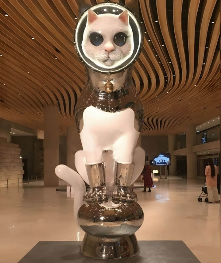 Sculptural Cat Lamp in a modern lobby, showcasing a unique art deco design with glossy finish and striking details.