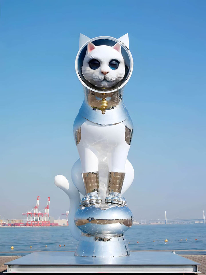 Sculptural floor lamp featuring a whimsical cat design in a shiny finish, perfect for art deco and modern living rooms.