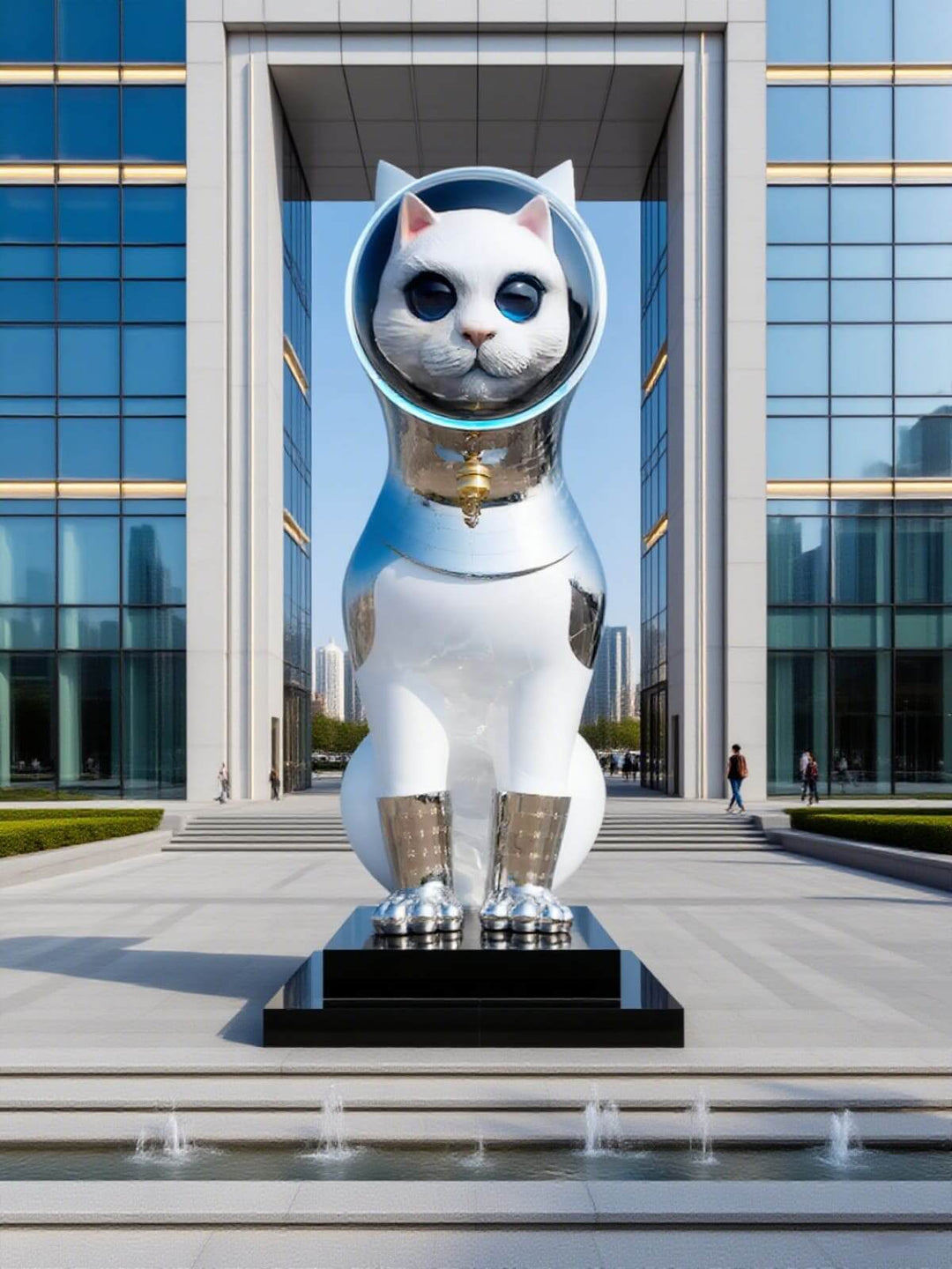 Afluxa sculpture floor lamp featuring a cat design, large modern art piece in an outdoor urban setting.