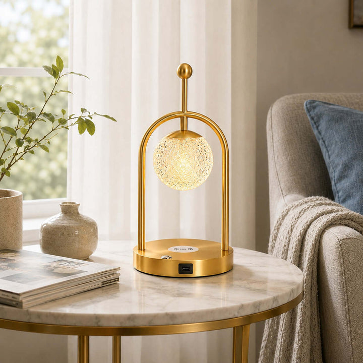 Aureo Brass Table Lamp with Wireless Charger for Bedroom