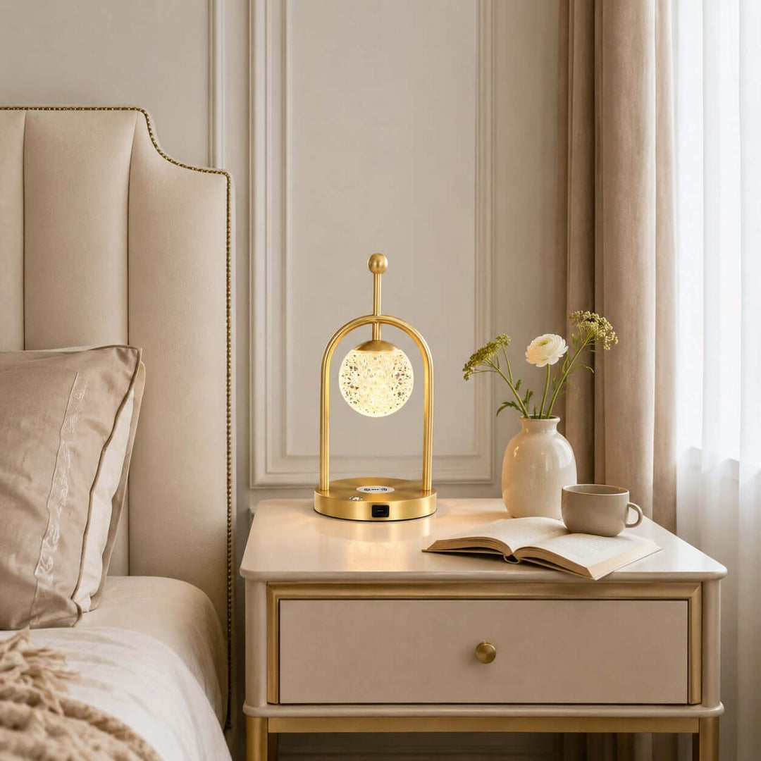 Aureo Brass Table Lamp with Wireless Charger for Bedroom