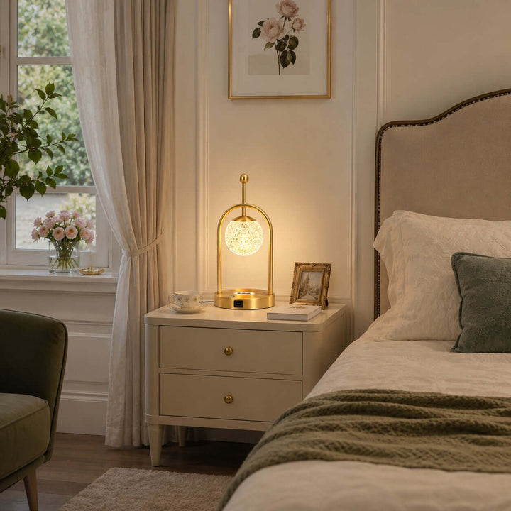 Aureo Brass Table Lamp with Wireless Charger for Bedroom