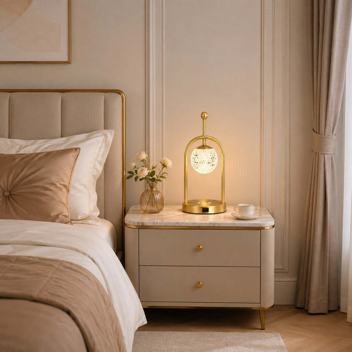 Aureo Brass Table Lamp with Wireless Charger for Bedroom