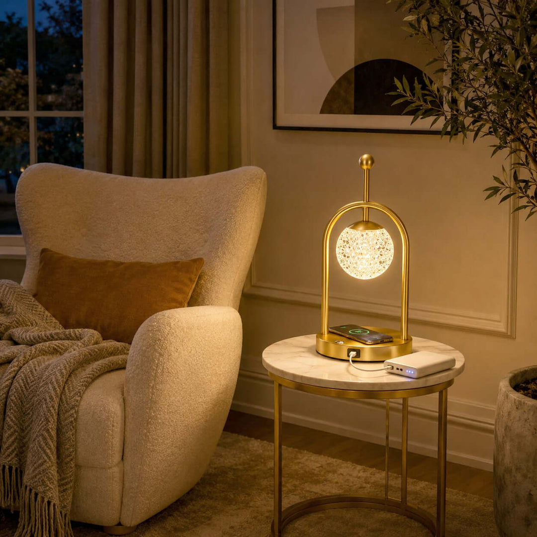 Aureo Brass Table Lamp with Wireless Charger for Bedroom