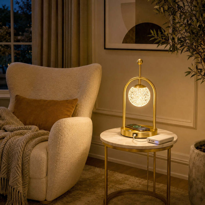 Aureo Brass Table Lamp with Wireless Charger for Bedroom