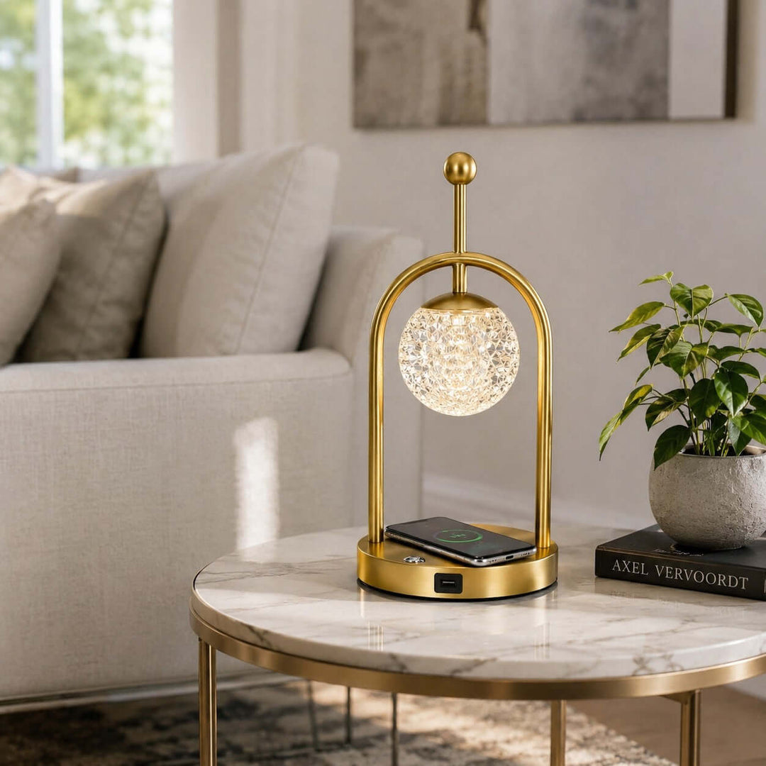 Aureo Brass Table Lamp with Wireless Charger for Bedroom