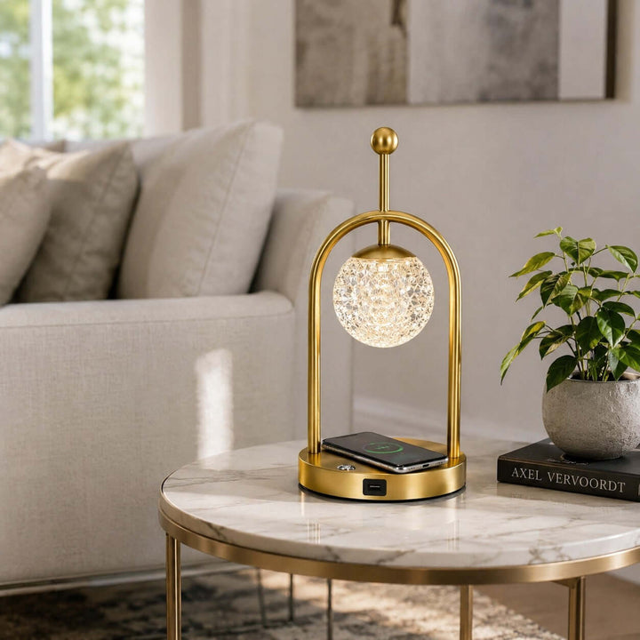 Aureo Brass Table Lamp with Wireless Charger for Bedroom