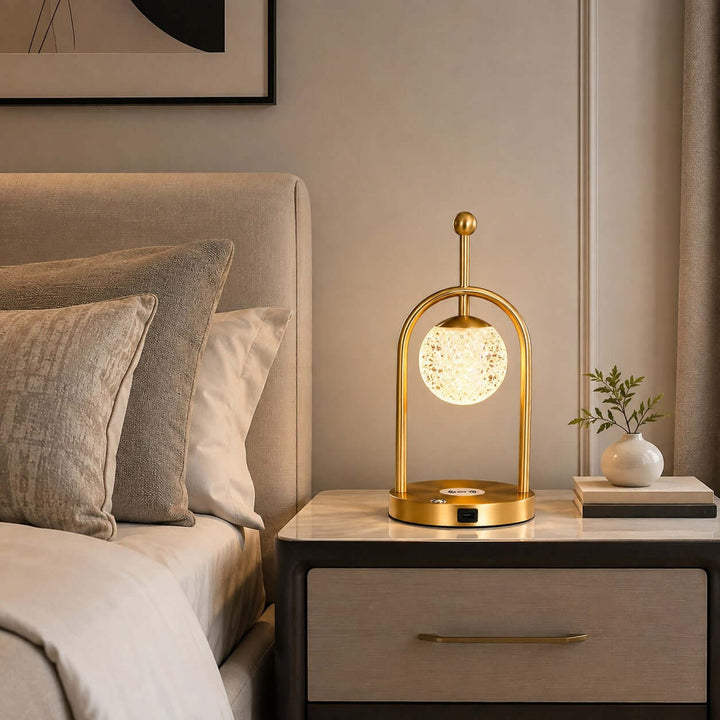 Aureo Brass Table Lamp with Wireless Charger for Bedroom